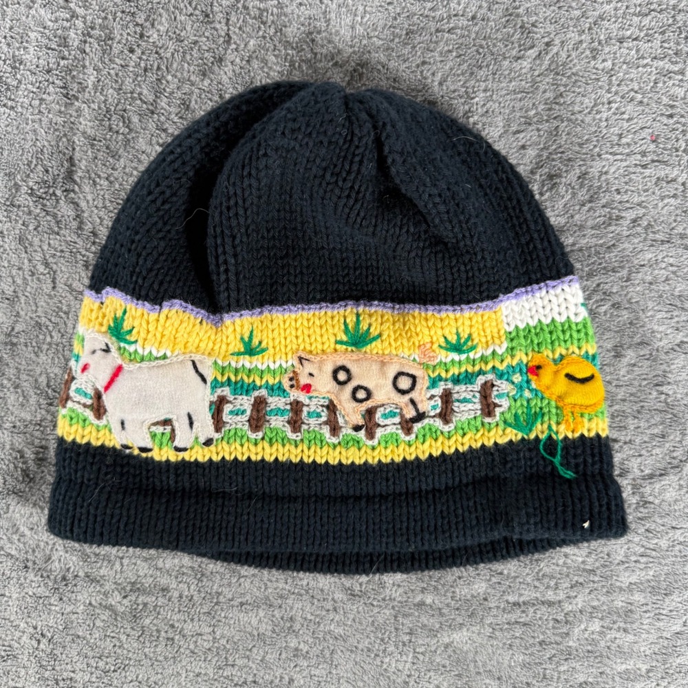 Unbranded Farm Animal Beanie Kids One Size Black Knit Barnyard Scene Hat